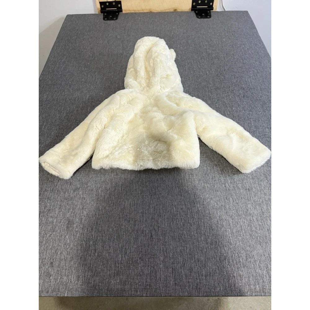 Baby Gap Toddler Girls Faux Fur Cream White Cropped Hooded Jacket Sz 18-24 Mths
